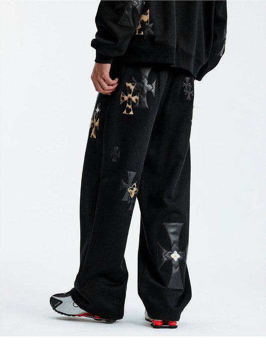 MEDM Leather Cross Star Patchwork Sweatpants