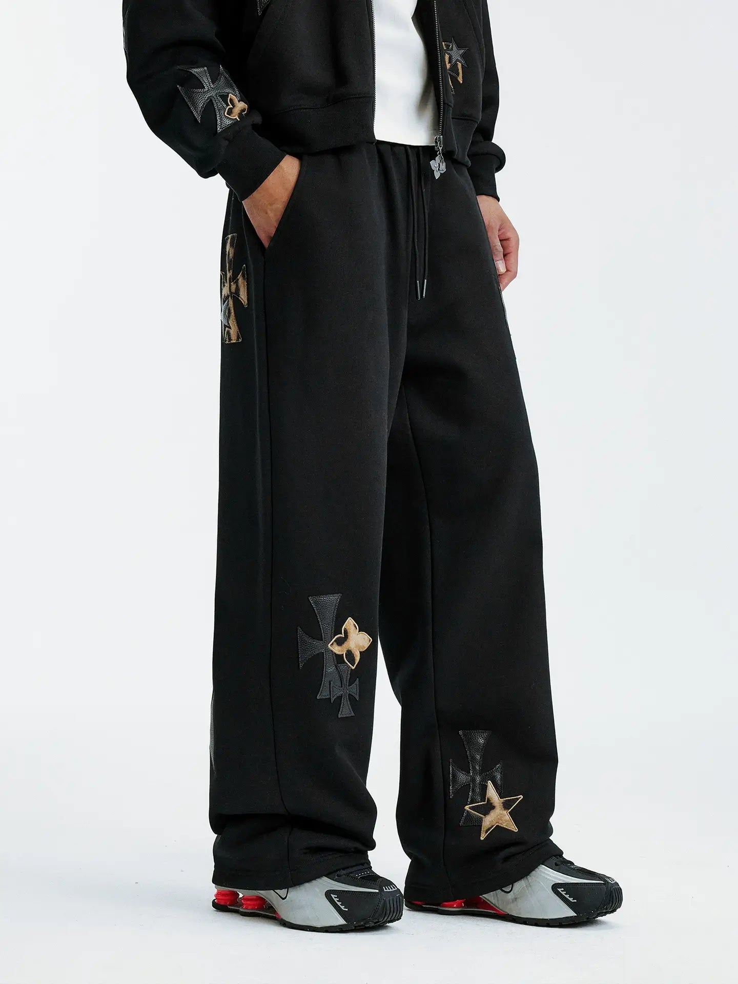 MEDM Leather Cross Star Patchwork Sweatpants
