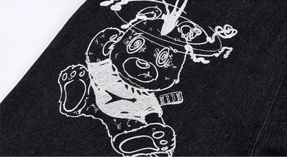MEDM Stunner Bear Star Embroidered Baggy Jeans