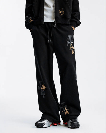 MEDM Leather Cross Star Patchwork Sweatpants