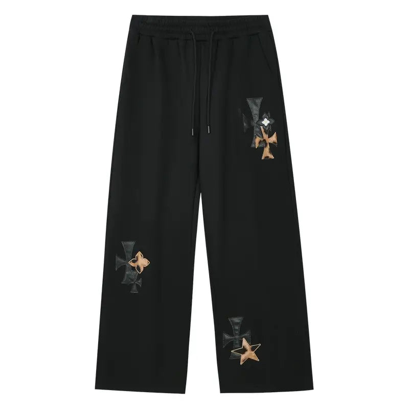 MEDM Leather Cross Star Patchwork Sweatpants