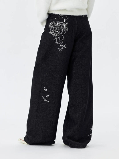 MEDM Stunner Bear Star Embroidered Baggy Jeans