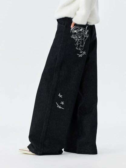 MEDM Stunner Bear Star Embroidered Baggy Jeans