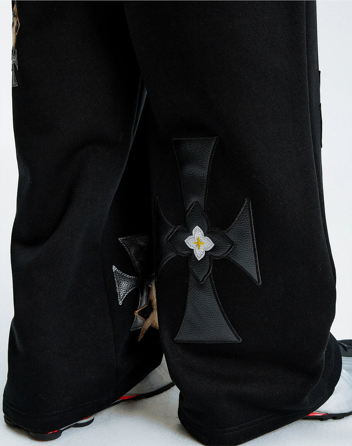 MEDM Leather Cross Star Patchwork Sweatpants