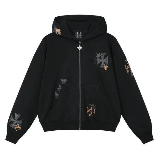 MEDM Cross Star Leather Patchwork Zip Up Hoodie
