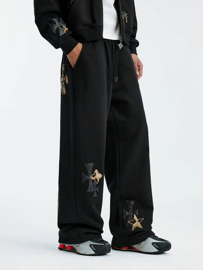 MEDM Leather Cross Star Patchwork Sweatpants