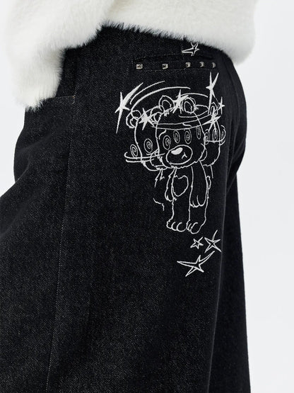 MEDM Stunner Bear Star Embroidered Baggy Jeans