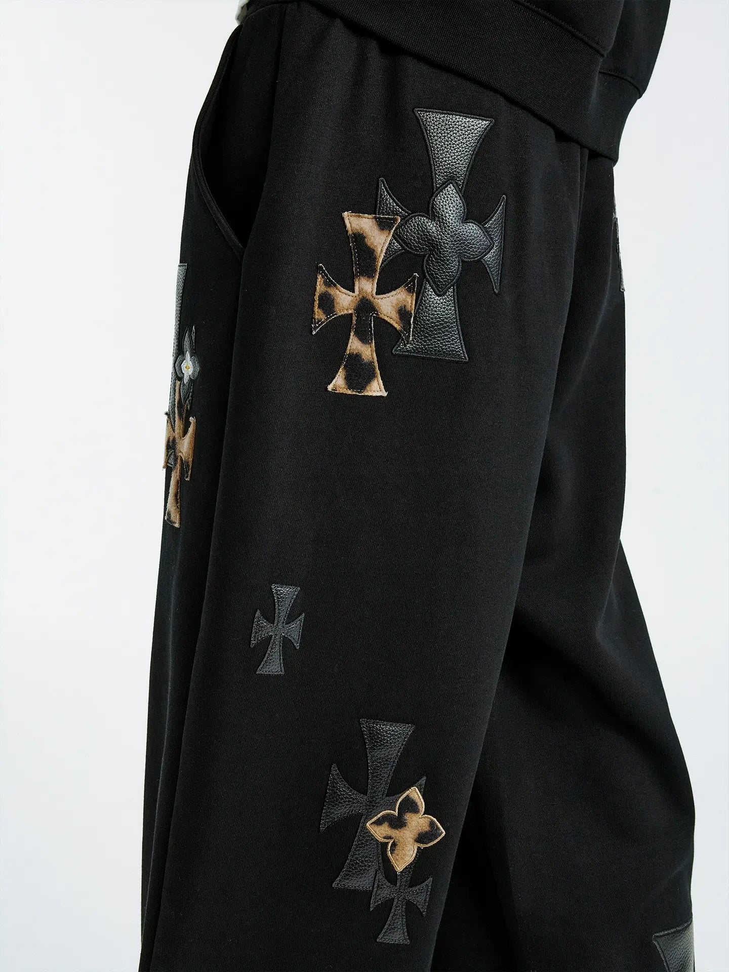 MEDM Leather Cross Star Patchwork Sweatpants