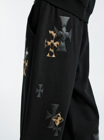 MEDM Leather Cross Star Patchwork Sweatpants