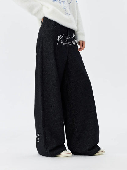 MEDM Stunner Bear Star Embroidered Baggy Jeans